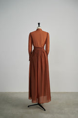 Long-Sleeve Belted Shirt Dress with Structured Cuffs and Gathered Full-Length Skirt