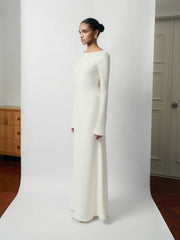 Backless Draped Evening Dress with Pearl Chain Detail and Flared Hem Silhouette