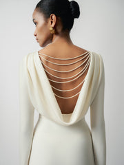 Backless Draped Evening Dress with Pearl Chain Detail and Flared Hem Silhouette