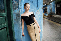 Off Shoulder Knit Top with Draped Bodice and Statement Twist Detail at Bust