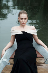 Stretch Crepe Off-Shoulder Gown With Draped Neckline And Floor-Length Silhouette