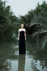 Stretch Crepe Off-Shoulder Gown With Draped Neckline And Floor-Length Silhouette