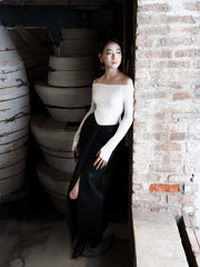 Off-Shoulder Stretch Knit Top with Long Sleeves and Structured Fold-Over Neckline