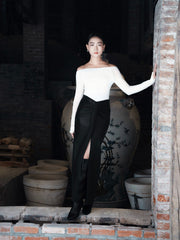Off-Shoulder Stretch Knit Top with Long Sleeves and Structured Fold-Over Neckline