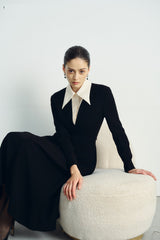 Structured Crepe Midi Dress with Contrast Pointed Collar and Long Sleeve Design
