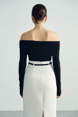 Off-shoulder long sleeve top in stretch jersey fabric with ruched neckline detail
