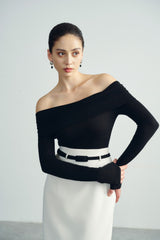 Off-shoulder long sleeve top in stretch jersey fabric with ruched neckline detail