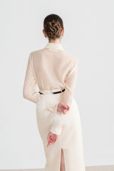 Jupe midi texturée en laine mélangée avec taille haute et silhouette ajustée pour un style raffiné