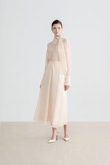 Elegant Midi Dress with High Neck Scarf Detail and Waist Tie Silhouette