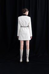 Textured Crepe Mini Dress with Oversized Pointed Collar and Long Sleeve Design