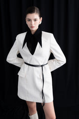 Textured Crepe Mini Dress with Oversized Pointed Collar and Long Sleeve Design